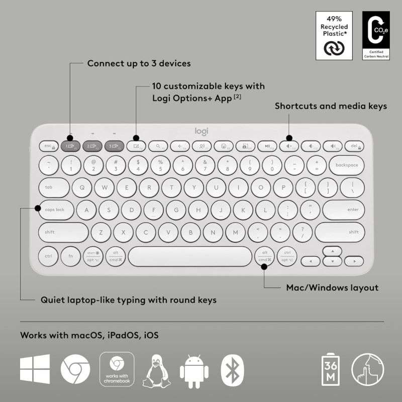 Logitech Pebble Keys 2 K380s, Multi-Device Bluetooth Wireless Keyboard with  Customisable Shortcuts, Slim and Portable,