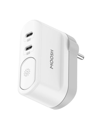 MOOSH Power Charger 40W Dual USB Type C Power Delivery Ports with Night Light Wall charger Foldable Plug 40W White