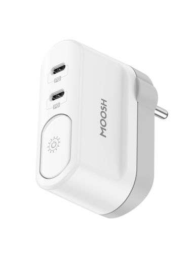 MOOSH Power Charger 40W Dual USB Type C Power Delivery Ports with Night Light Wall charger Foldable Plug 40W White