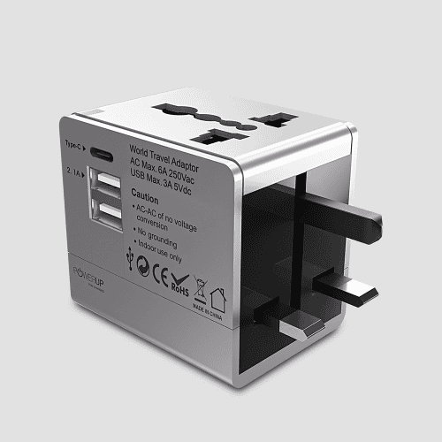 Powerup World Travel Adapter With 2 USB & 1 Type-C Port Wall Charger - Silver
