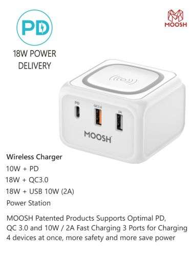 Moosh 2in1 18W PD+2USB 2.4A+10W Wireless Charger 1.8M Cable