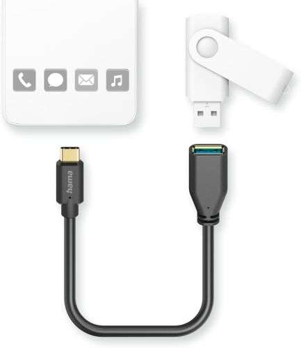 Hama USB OTG Cable, USB C Male, USB A Female, 15 cm, Super Speed, 5 Gbit/s, Gold-Plated - Black