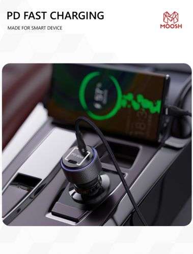 Moosh 60W Dual Type c Power Delivery Ports for Quick Charger With Blue LED Ring Car Charger Black
