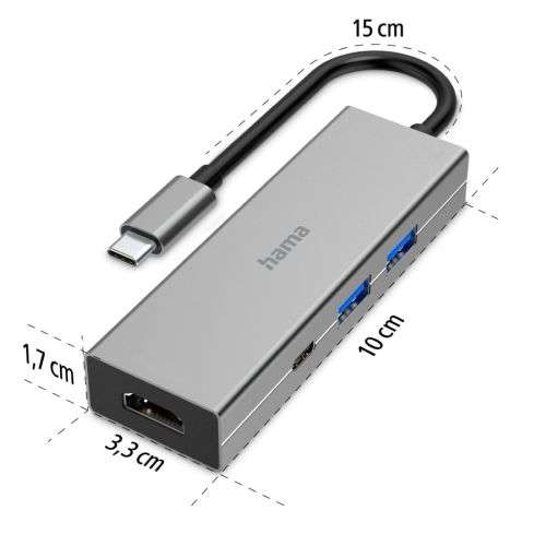 Hama USB-C 4 port Hub, Multiport, 1x HDMI 4K Ultra HD, 2X USB A, 1x USB C with PD, Aluminium Housing - Grey
