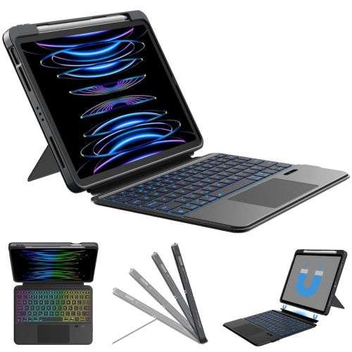 Typecase Kickstand Combo Keyboard case for iPad 9th, 8th & 7th Gen, Air 3 10.5", & Pro 10.5 with Precision Trackpad & 7-Colors Backlit, Multi Viewing Angle, Pencil Holder, Magentically Detachable Black