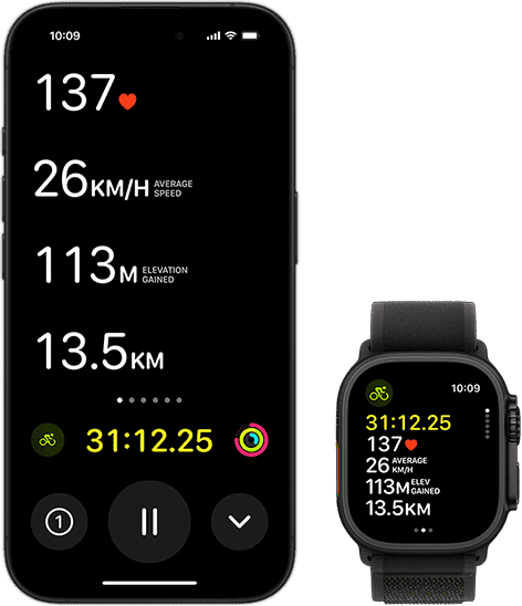Live Activity showing a person's biking metrics on both their Ultra 2 and their iPhone