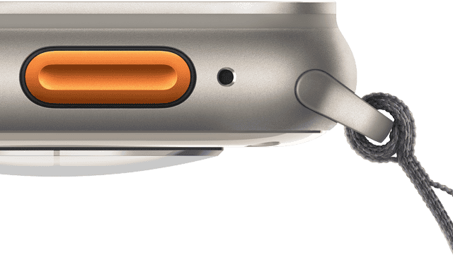 Apple Watch Ultra 2 showing orange Action button and rugged titanium case