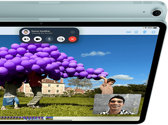 iPad Air with 12MP Ultra Wide front camera showing SharePlay feature in FaceTime