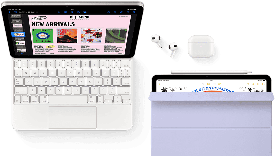 iPad Air attached to Magic Keyboard, with Airpods Pro, Apple Pencil Pro, and Smart Folio accessories