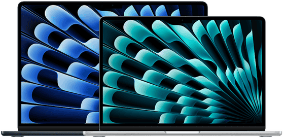 Front view of 13-inch and 15-inch models of MacBook Air demonstrating display sizes (measured diagonally)