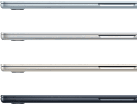 Four MacBook Air laptops showing colors available: Sky Blue, Silver, Starlight, and Midnight