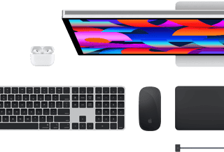 Mac accessories: AirPods, Studio Display, Magic Keyboard, Magic Mouse, Magic Trackpad, MagSafe charge cable in Midnight color